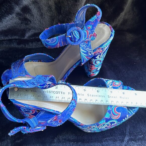 High Heel Platform Sandals SZ 8 Blue floral satin, 4.7" Heels - Picture 11 of 12